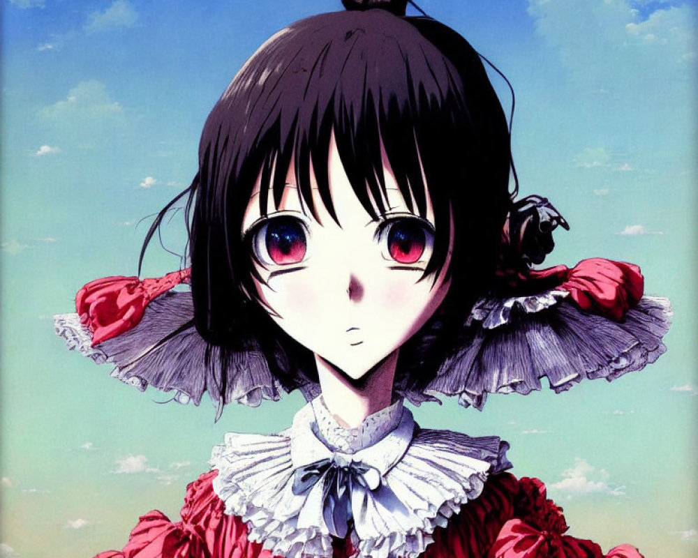 Red-eyed girl in black hair and Victorian dress under blue sky