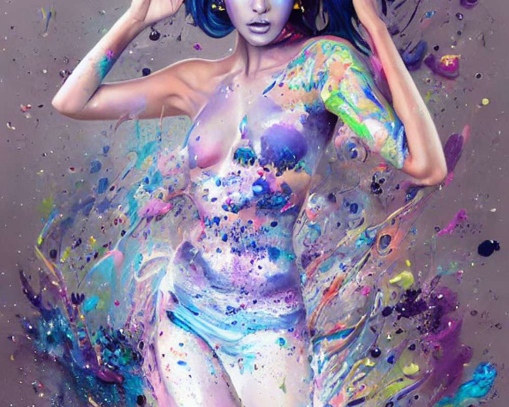 Colorful digital painting of a woman with blue hair and purple eyes