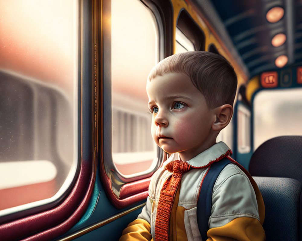 Young Child on Train Looking out Window with Backpack in Sunlight