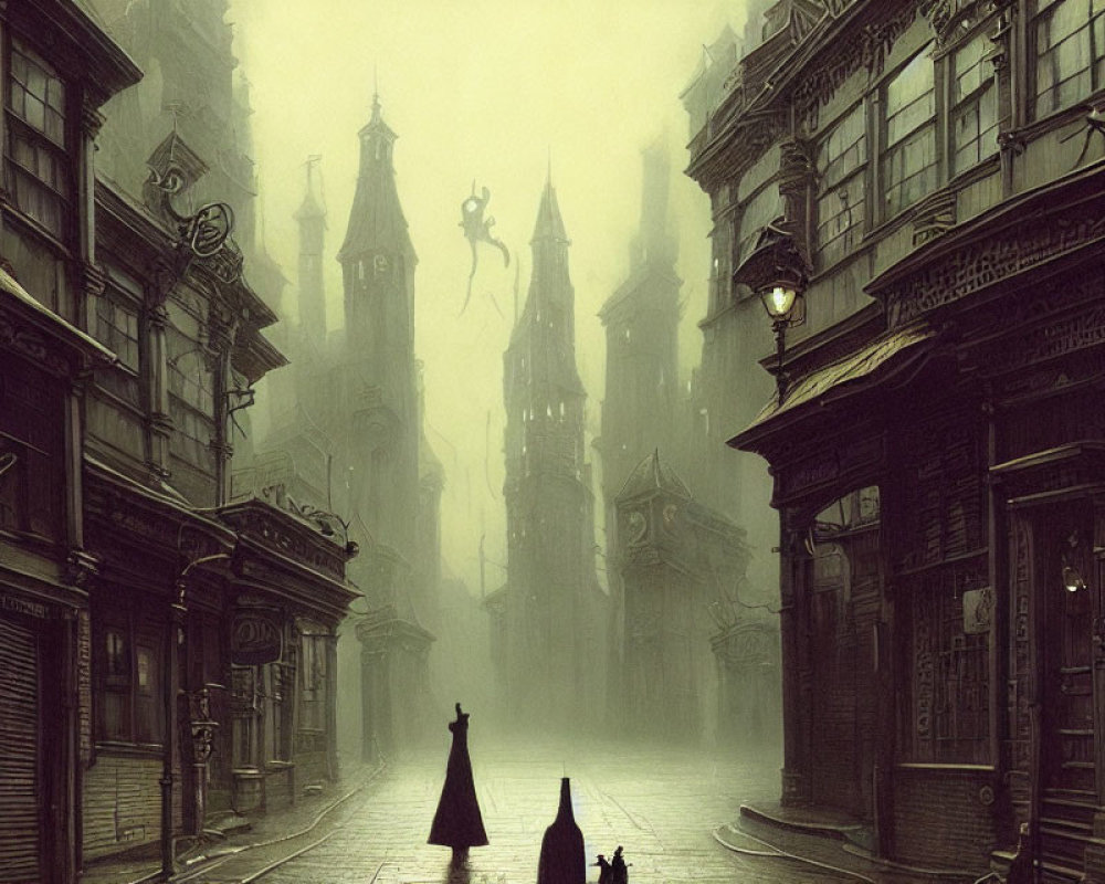 Person and cat in foggy Gothic city street with ornate buildings