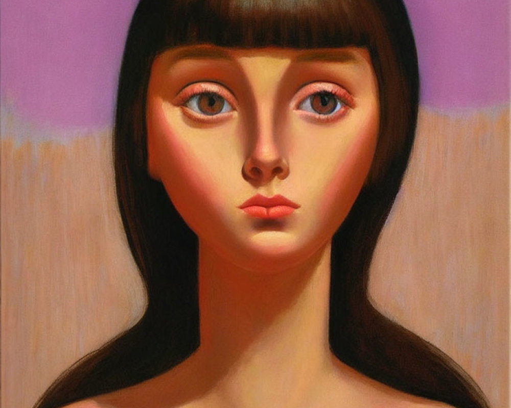 Portrait of a girl with large eyes and straight brown hair on purple and peach backdrop