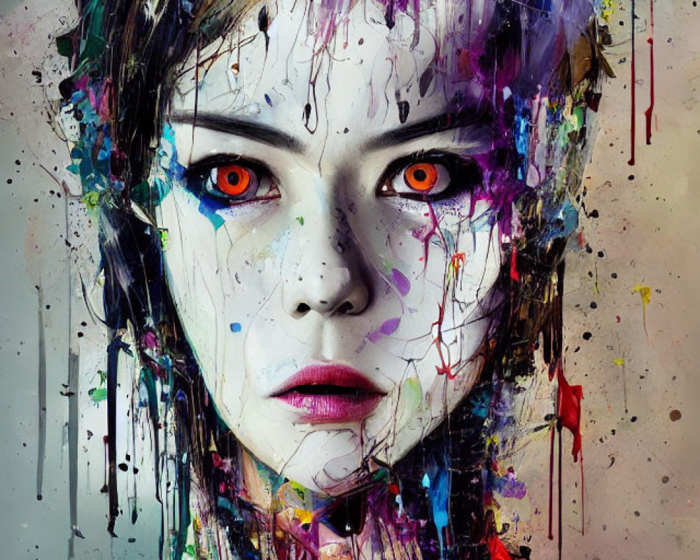 Colorful digital portrait of female with red eyes and paint splatters.