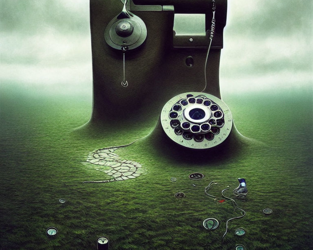 Surreal giant rotary phone artwork on grass with bird and smaller elements