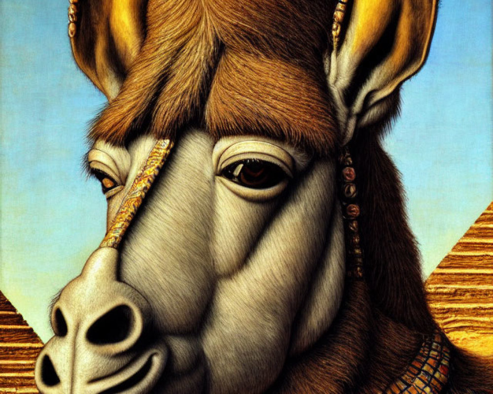 Surreal painting: Donkey with Egyptian pharaoh attire in desert landscape
