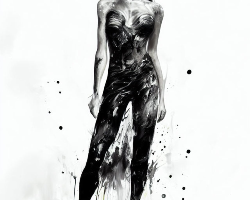 Monochrome artistic representation of a woman with paint-like textures conveying strength and fluidity