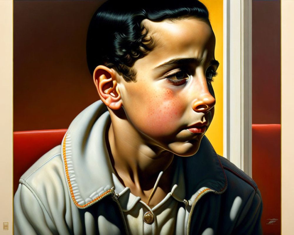 Hyperrealistic Painting: Young Boy in Zippered Jacket on Warm Background