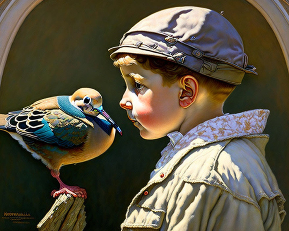 Young boy in cap admiring colorful bird on stick against dark backdrop