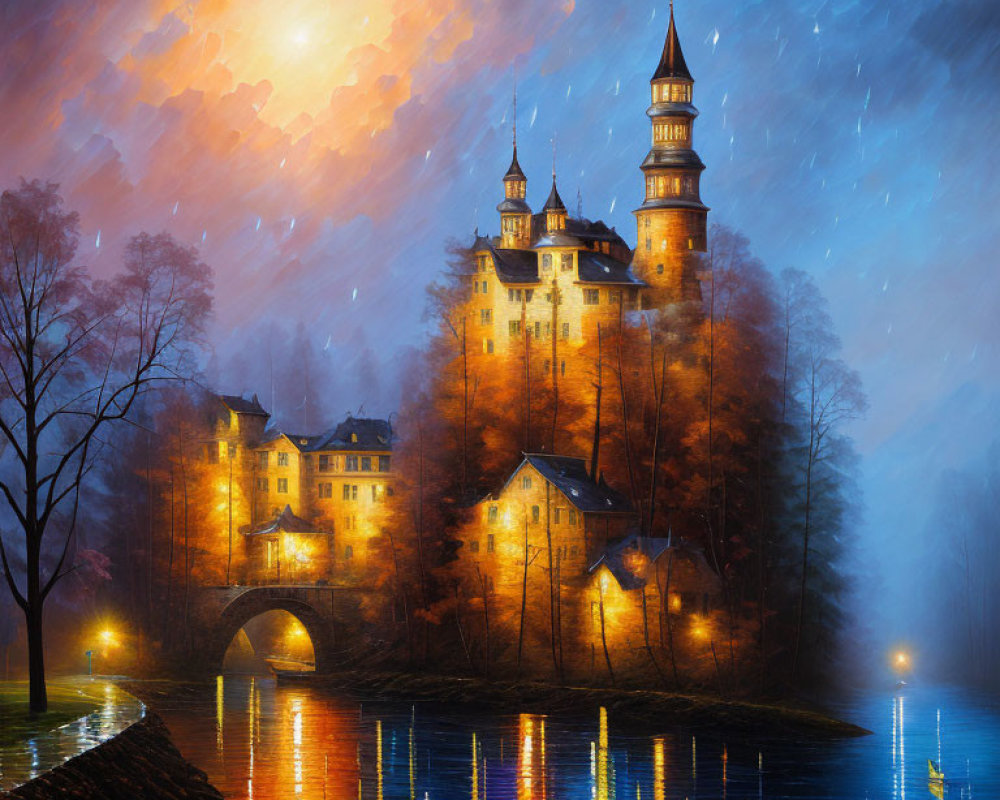 Majestic castle at dusk with towers, autumn trees, river, and boat