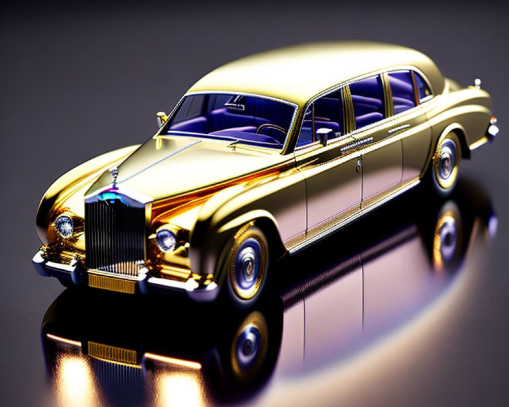 Shiny Golden Classic Luxury Car with Chrome Details on Glossy Surface