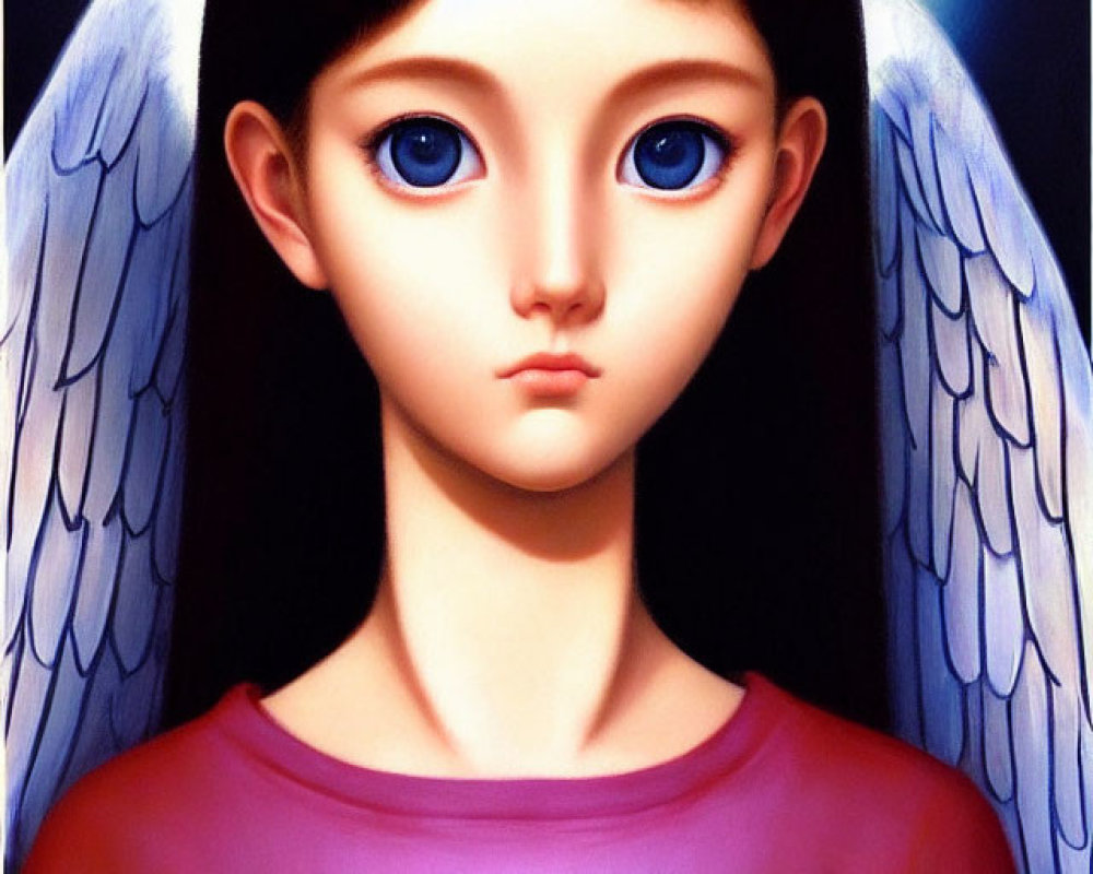 Stylized painting of an angel with blue eyes, halo, white wings, red garment, praying