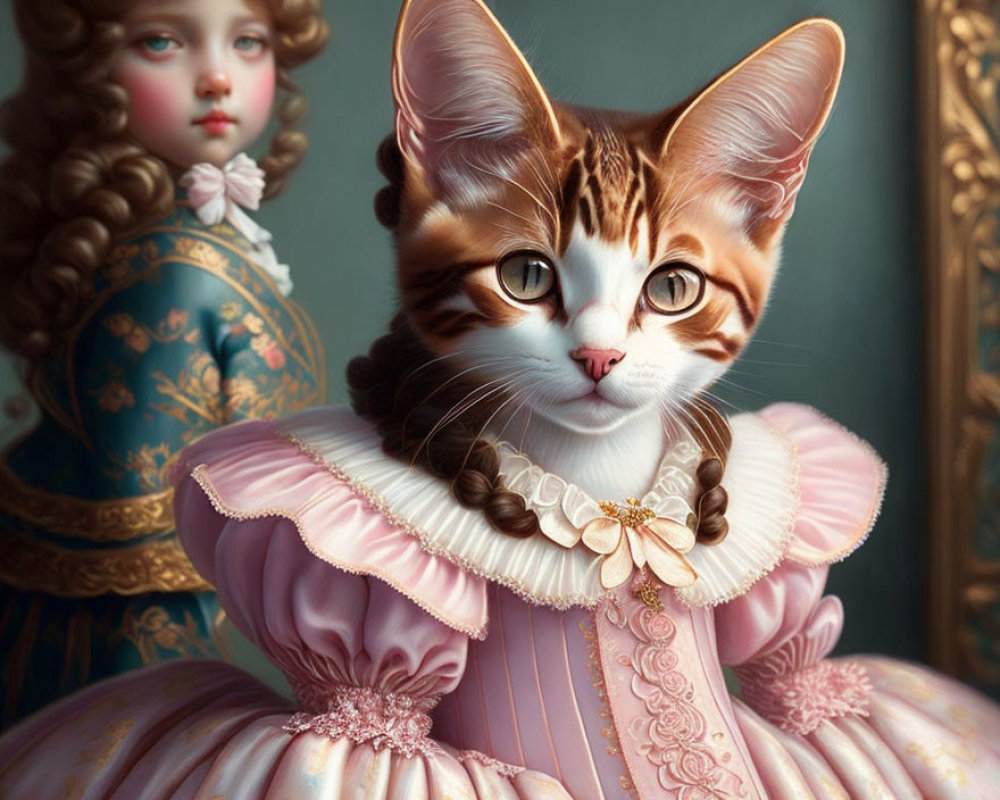 Whimsical artwork featuring cat and girl in elaborate Victorian attire