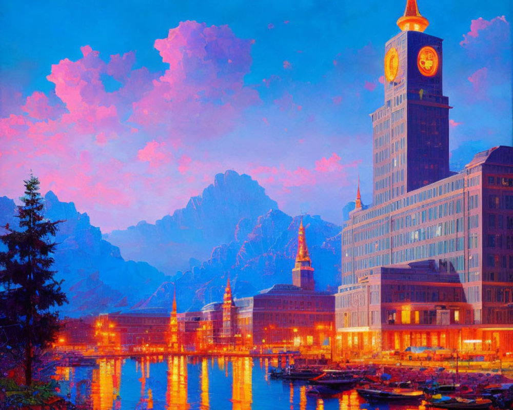 Cityscape at Dusk: Illuminated Buildings, Clock Tower, Mountain Silhouettes