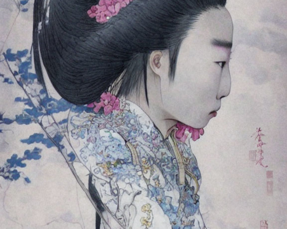 Traditional Asian painting: Woman in elegant attire with elaborate hairstyle and floral background