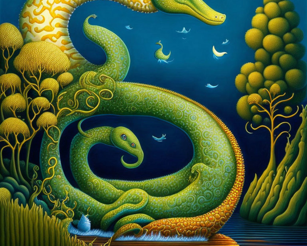 Colorful Painting of Serpents in Fantasy Forest with Intricate Patterns