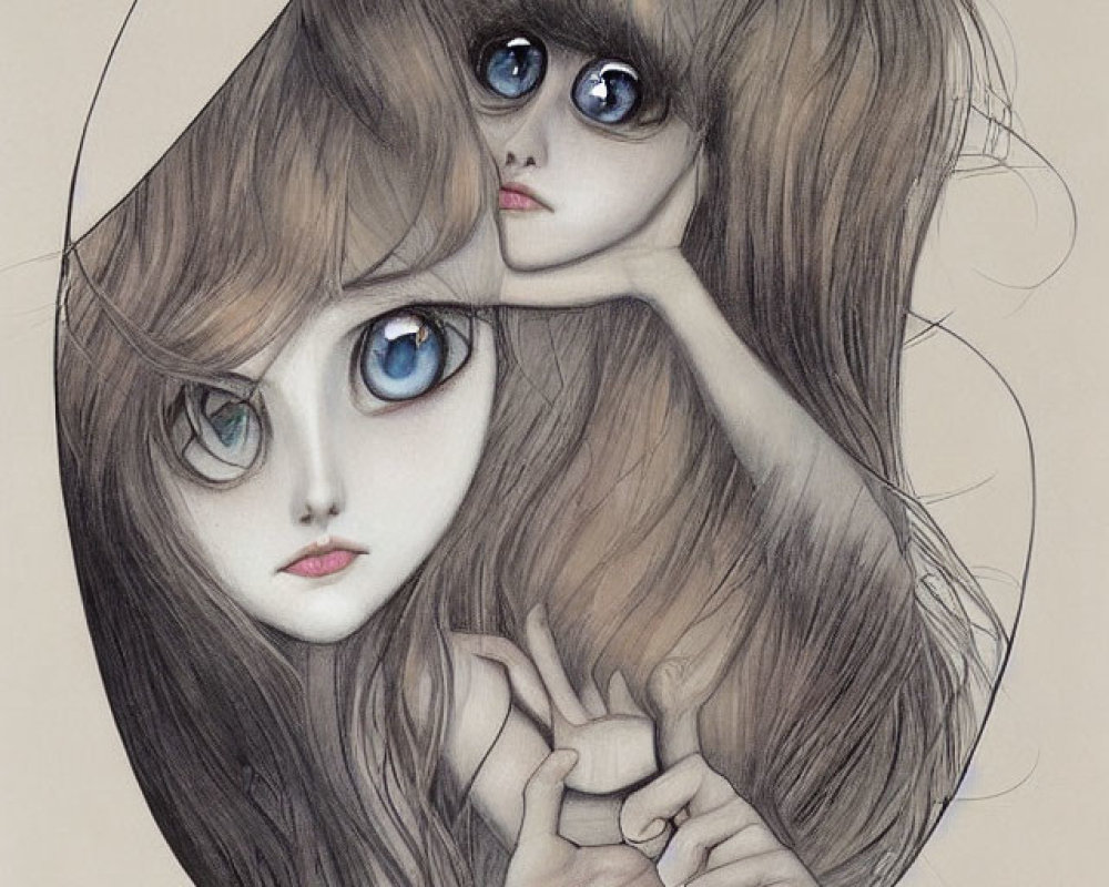 Stylized artwork of two female figures with large eyes and flowing hair