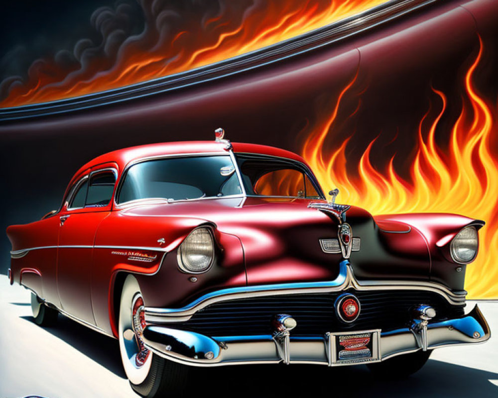 Vintage Red and Black Car with Chrome Details in Fiery Flame Background