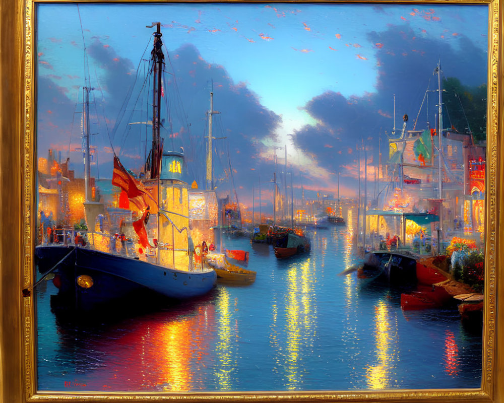 Twilight-lit harbor scene with boats and vibrant sky