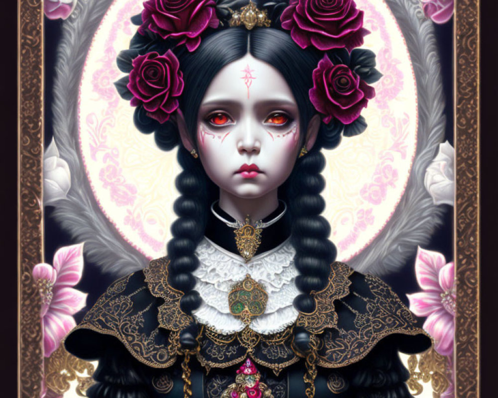 Gothic doll-like character in black and gold dress with roses and mystical aura