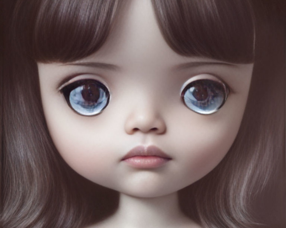 Digital Artwork Featuring Doll with Large Blue Eyes and Brown Hair