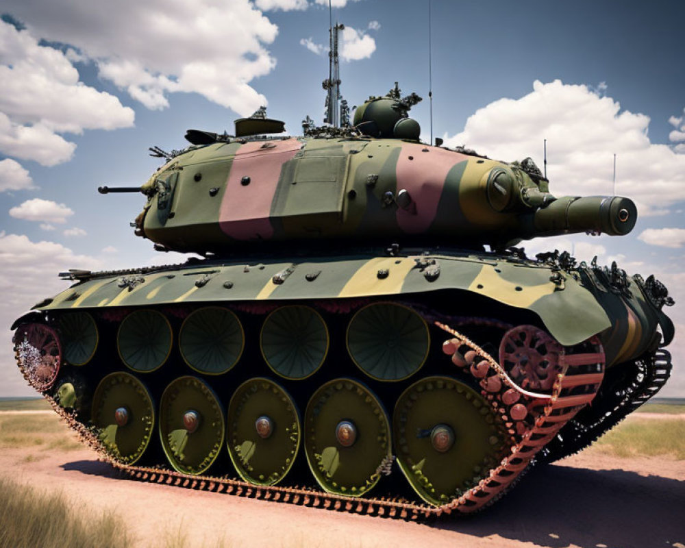 Green Camouflaged Tank with Large Cannon and Treaded Wheels on Grassy Plain