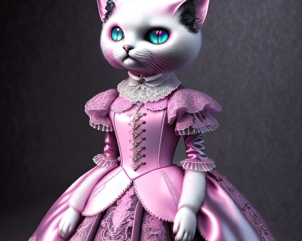 White Anthropomorphic Cat in Pink Victorian Dress on Grey Background