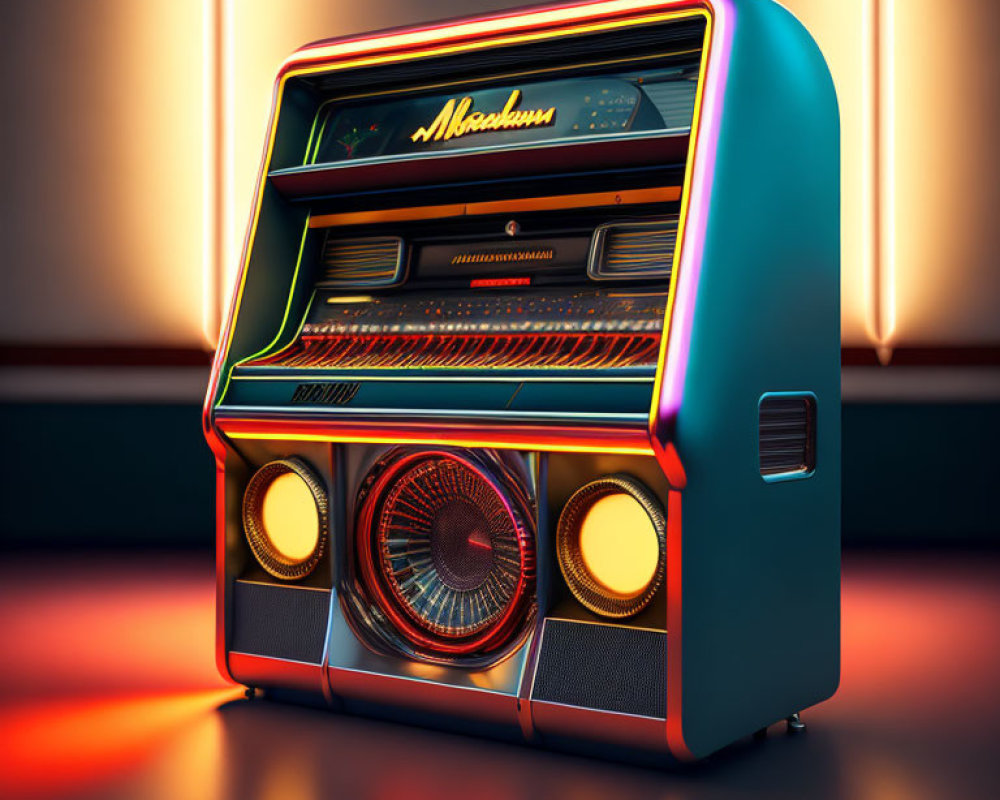 Colorful Retro-Style Jukebox with Neon Trims and Glowing Center Dial