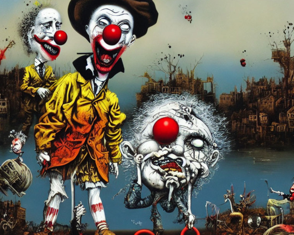 Surreal artwork: Ominous clowns in dystopian setting