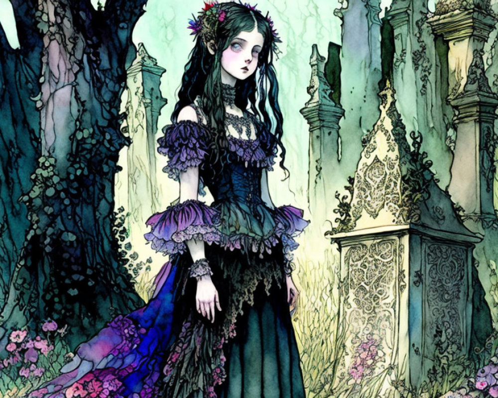 Gothic girl in ruffled dress with floral crown among tombstones and vibrant flora