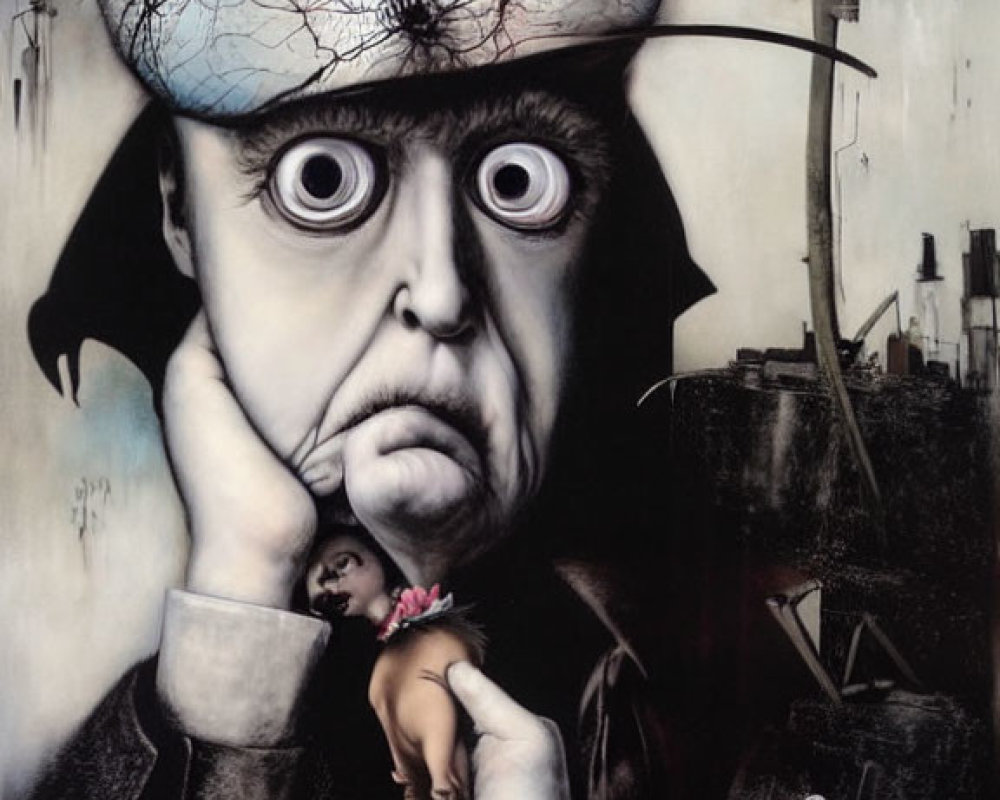 Surreal Artwork: Figure with Oversized Eyes and Cracked Head Holding Human Figure Amidst