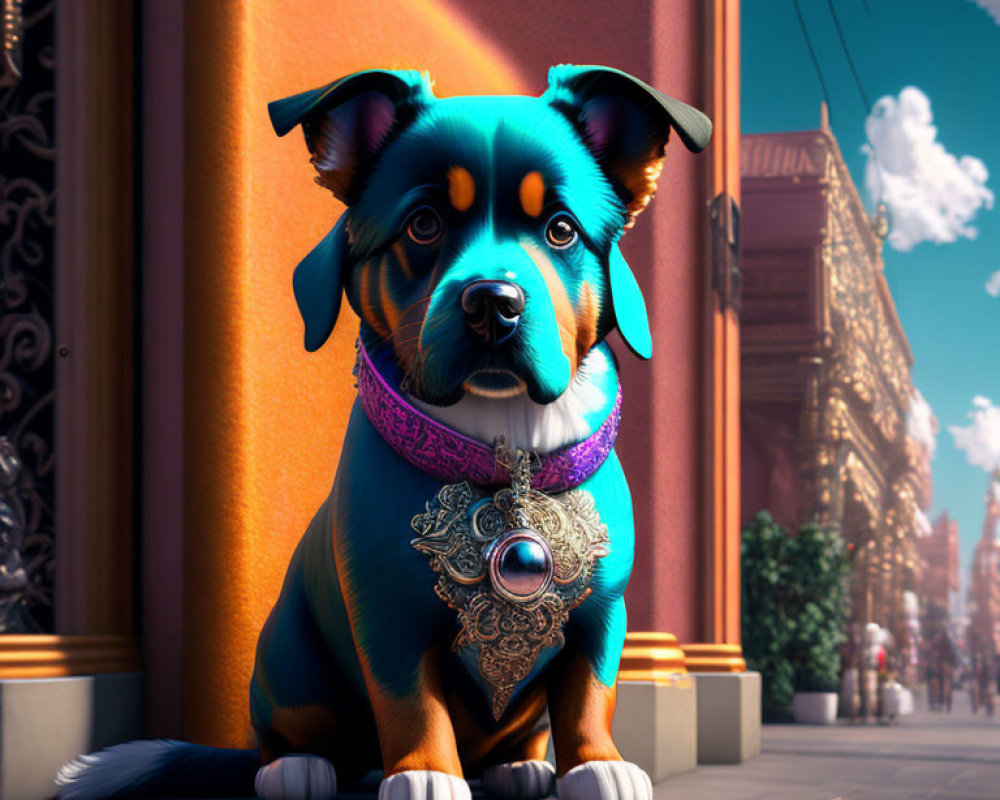 Colorful animated dog with blue fur sitting by elegant building