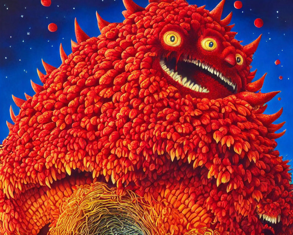 Detailed depiction of red hairy monster with jack-o'-lanterns under starry sky