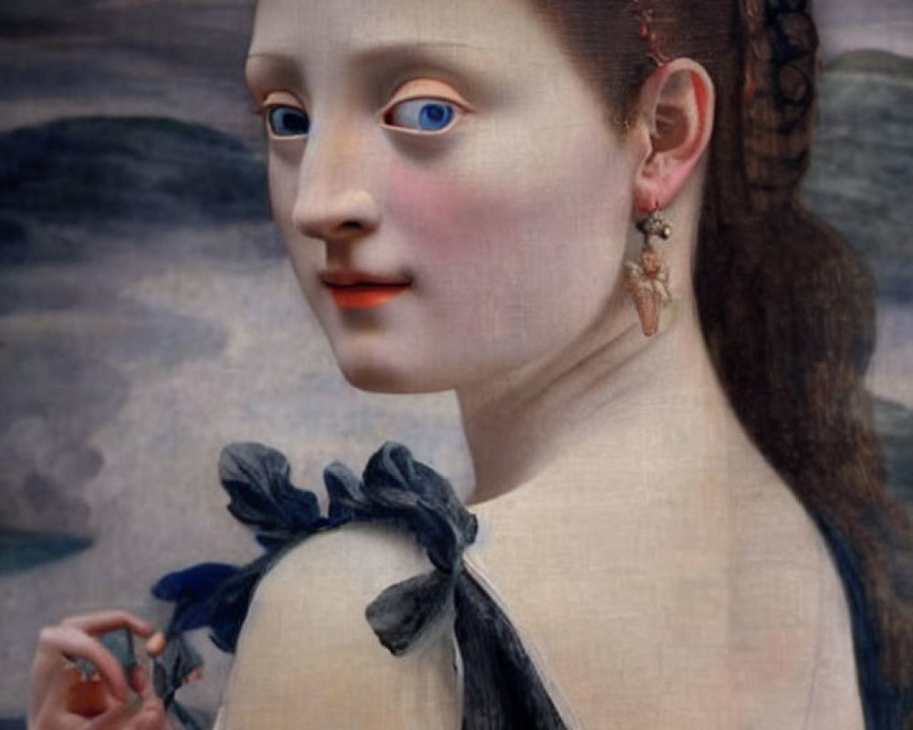 Portrait of a Woman with Pale Skin and Blue Eyes in Braided Hair