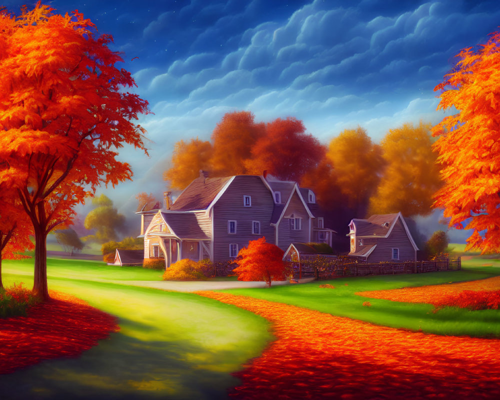 Autumn landscape with country house and fiery trees under blue sky