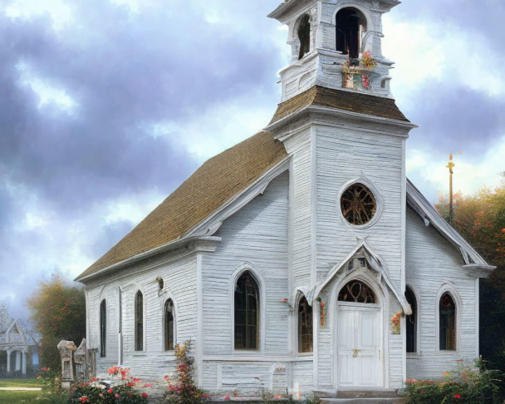 White Wooden Church with Steeple and Bell Tower Surrounded by Flowers