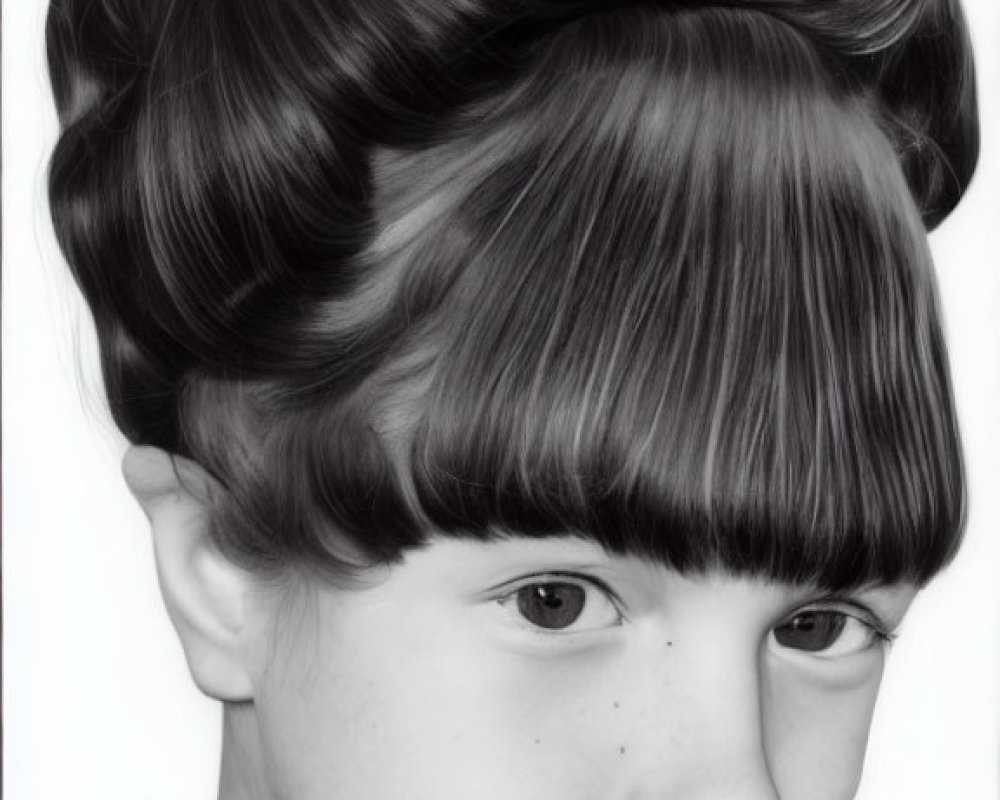 Monochrome photo of child with beehive hairstyle, touching face gently