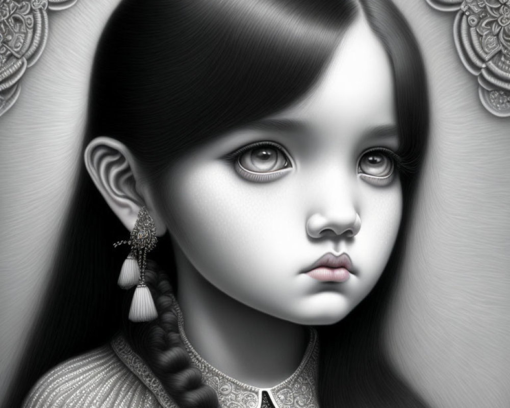 Monochrome portrait of a young girl with expressive eyes and a long braid, wearing an intricate e