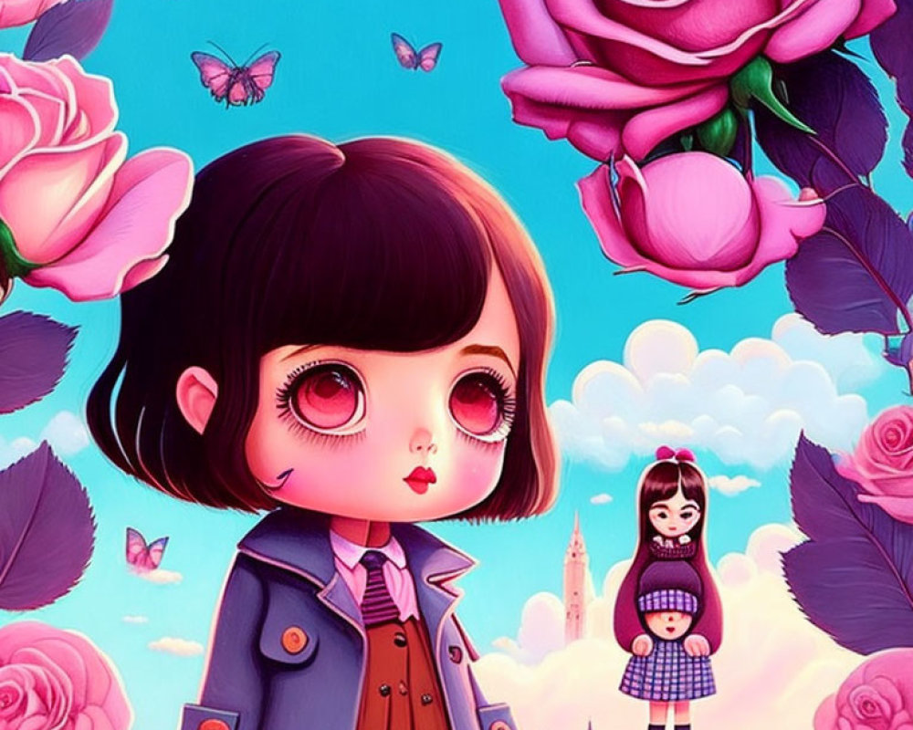 Stylized illustration of girl with large eyes in rose garden under pink sky