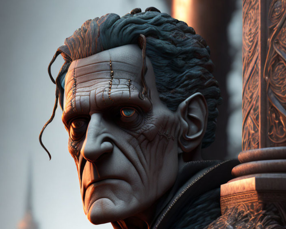 Detailed 3D rendering of Frankenstein-like character with facial stitches in moody setting