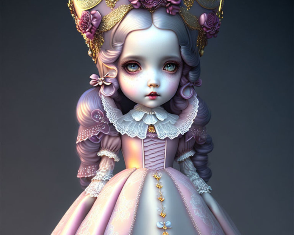 Doll-like character with royal crown and ornate dress