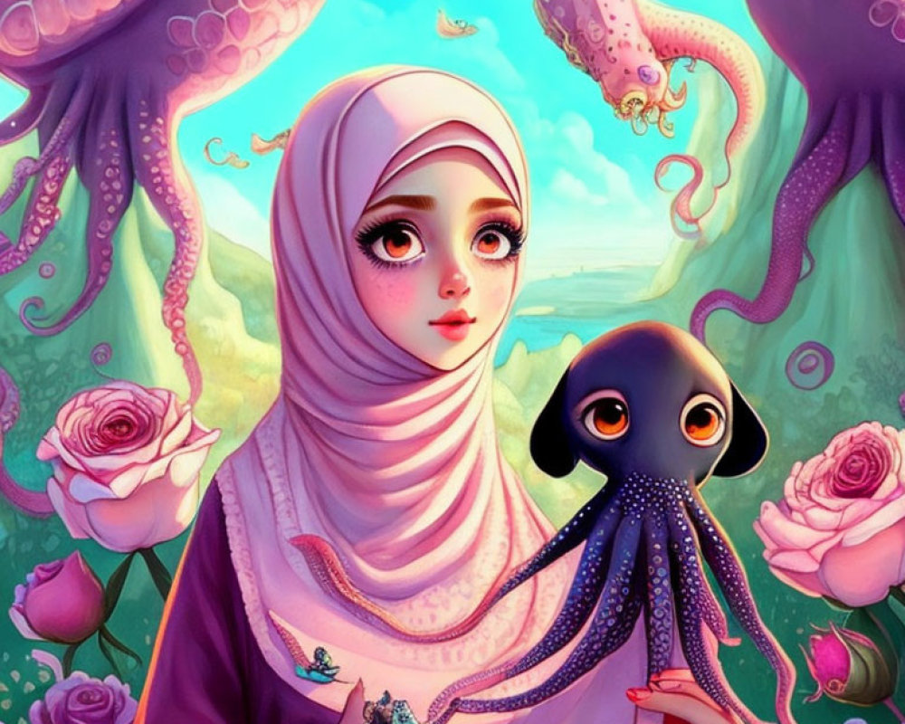 Girl in hijab holding small octopus in fantasy scene