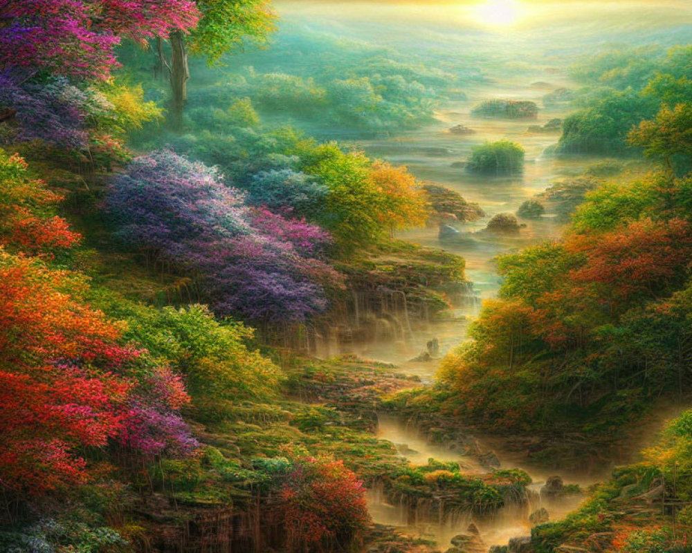 Multicolored trees, river, waterfalls, and glowing sunrise in ethereal landscape