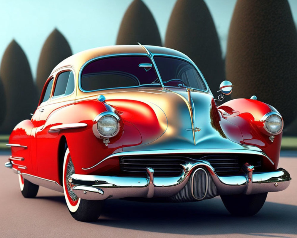 Vintage Red Car with Chrome Details Parked by Stylized Trees