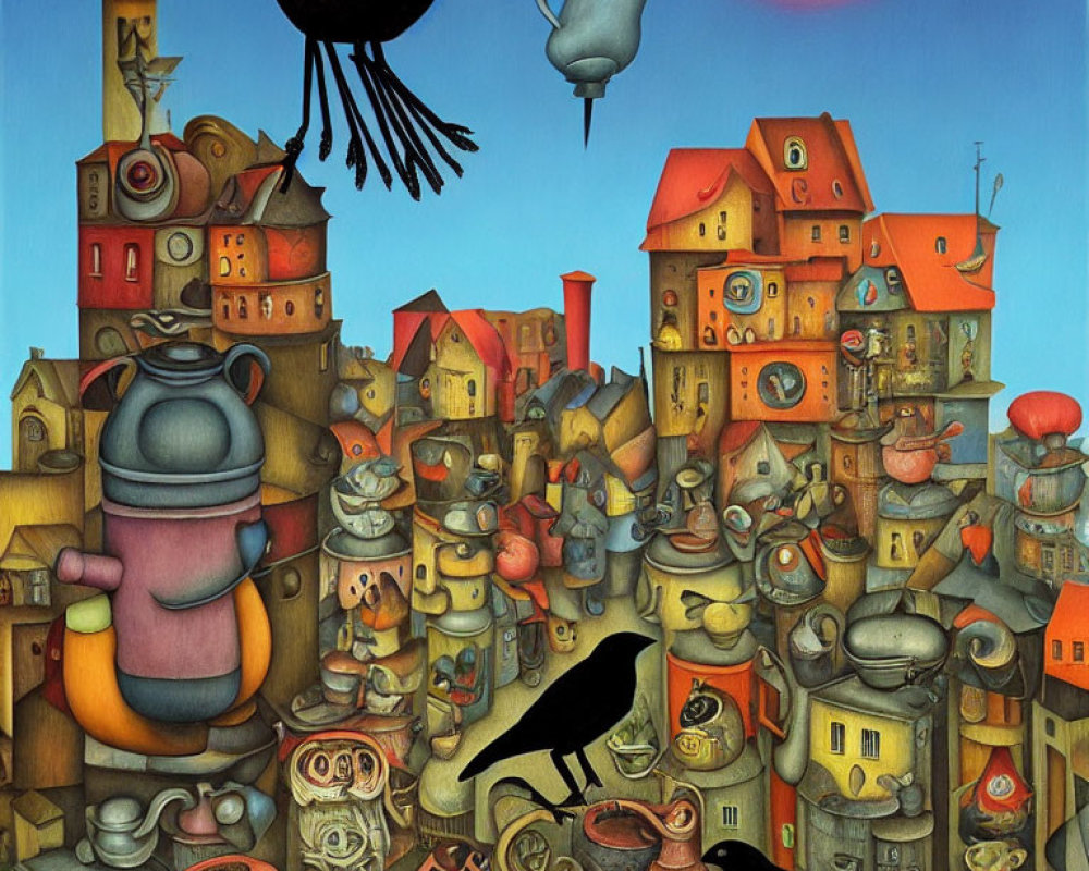 Surreal cityscape with teapot-like buildings, large birds, and whimsical sunset.