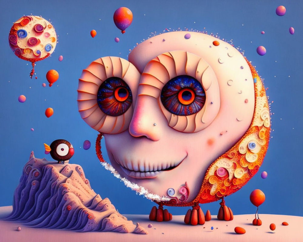 Surreal smiling crescent moon artwork with character and colorful spheres