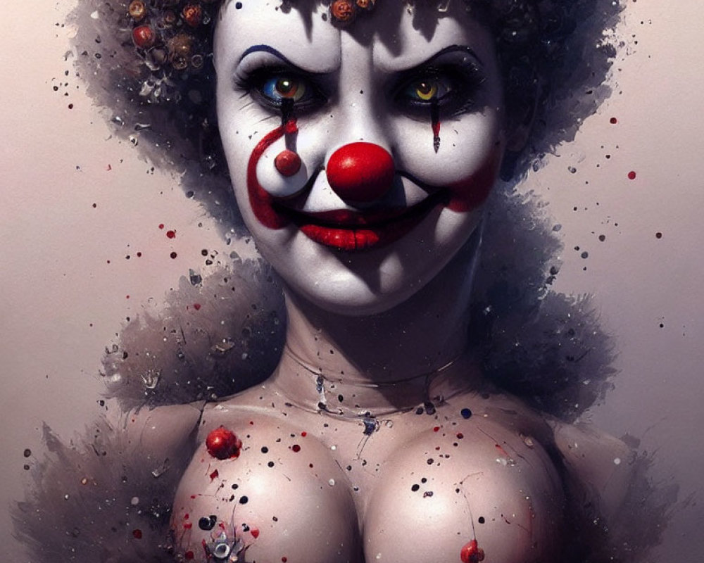 Creepy Clown with Red Nose and Eerie Makeup