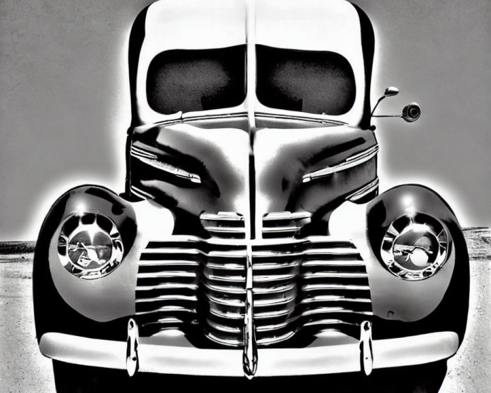 Classic Vintage Car with Distinctive Grille in High-Contrast Black and White