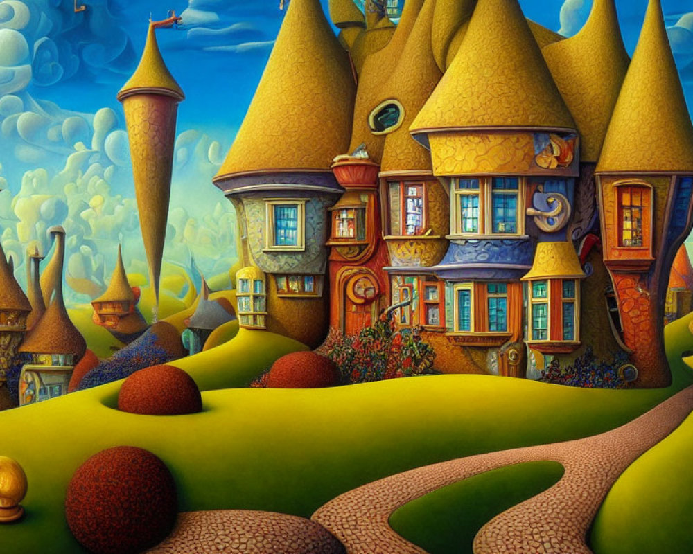 Colorful Fairy-Tale House Painting on Green Landscape