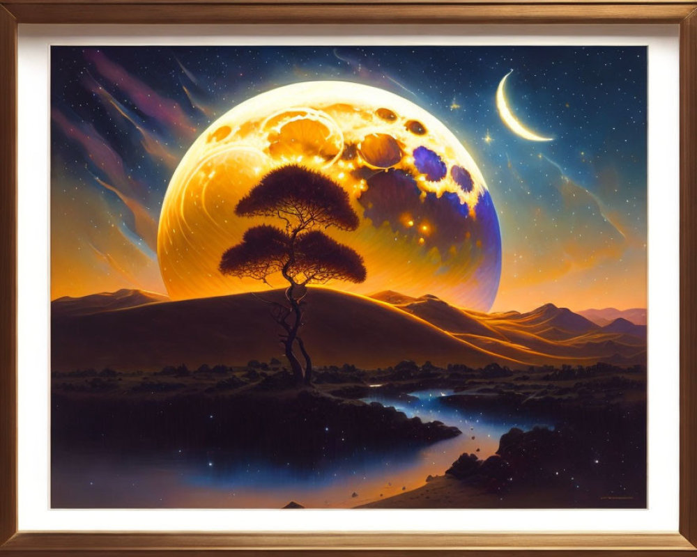 Surreal landscape painting with lone tree, glowing moon, starry sky, and river reflection