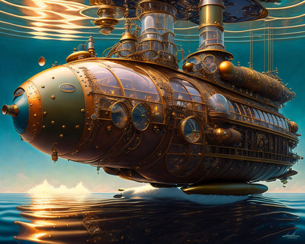 Intricate Steampunk-Style Submarine Floating Underwater