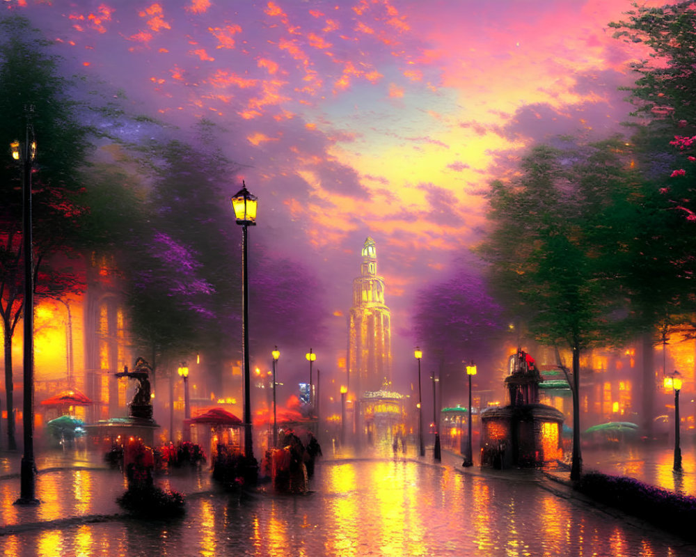 Colorful Dusk Cityscape with Illuminated Street Lamps and Silhouettes